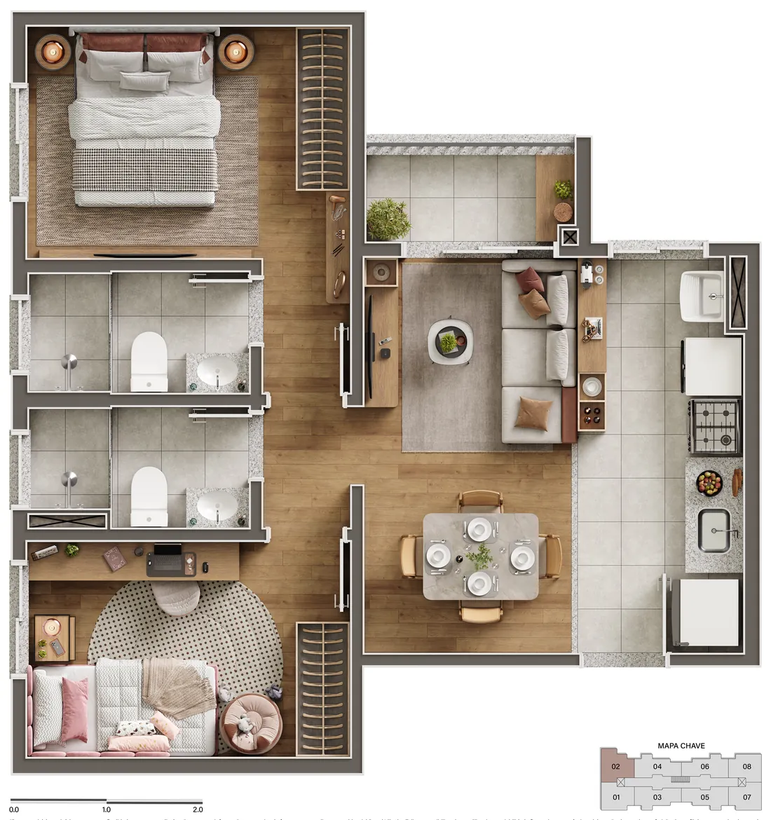 Planta humanizada do apartamento Tipo 02 da Torre 02 do Portal Vila das Tulipas, com 2 dormitórios, sala integrada, cozinha, varanda e dois banheiros ilustrados