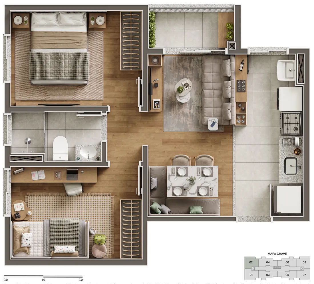 Planta humanizada do apartamento Tipo 02 das Torres 01 e 03 do Portal Vila das Tulipas, com 2 dormitórios, banheiro social, sala, cozinha e varanda