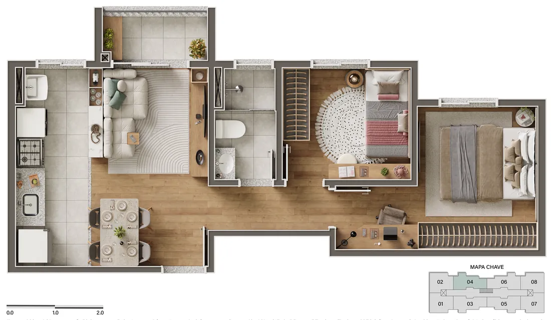 Planta humanizada do apartamento Tipo 04 das Torres 01, 02 e 03 do Portal Vila das Tulipas, com 2 dormitórios, banheiro social, sala integrada, cozinha e varanda
