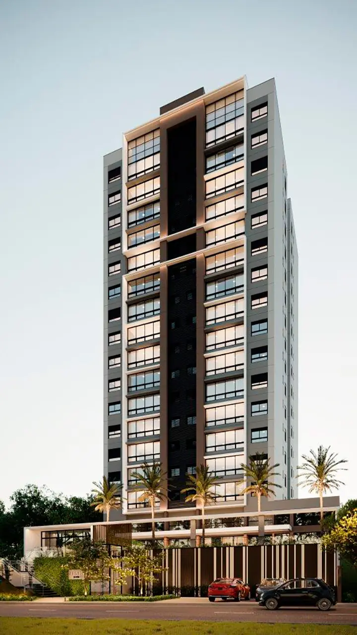 Perspectiva da torre única do Reserva Bela Vista com a praça de acesso